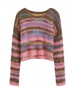 Mehrfarbig gestreifter Pointelle-Strickpullover mit Fransen in Pink