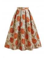 Ausgestellter Midirock aus Jacquard mit kunstvollem Blumenmuster in Orange