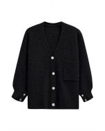 Entspannter Button-Down-Cardigan mit aufgesetzten Taschen in Schwarz