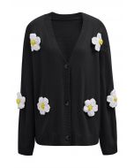 Schöne Strickjacke mit 3D-Blumenknöpfen in Schwarz