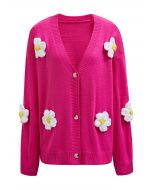 Hübsche Strickjacke mit 3D-Blumenknöpfen in Magenta