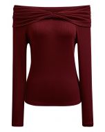 Rot – Langärmliges Off-Shoulder-Top mit gerüschtem Faltenausschnitt