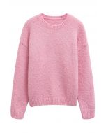 Gerippter, flauschiger, weicher Strickpullover in Rosa