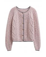 Geflochtene Strickjacke mit Knöpfen und Kontrastkanten in Rosa