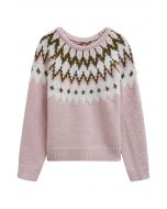 Winter Whimsy – Gerippter Fair-Isle-Strickpullover in Rosa