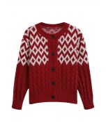 Festlicher geometrischer Cardigan mit Knopfleiste in Rot