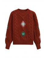 Festlicher Strickpullover mit geometrischem Zopfmuster in Rot