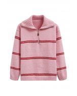 Sportlicher Strickpullover mit Streifen und halbem Reißverschlusskragen in Rosa