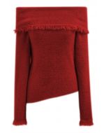 Off-Shoulder-Top aus flauschigem Strick mit Quastenfalten in Rot