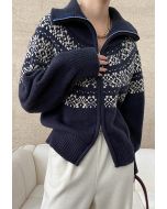 Fair Isle Jacquard-Strickjacke mit Doppelreißverschluss in Marine