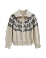 Jacquard-Strickjacke mit Fair-Isle-Muster und Doppelreißverschluss in Creme