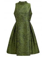 Wunderschönes ärmelloses Jacquard-Kleid mit Blumenmuster in Grün