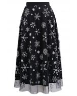 Glitter Star Snowflake Mesh Tulle Midi Skirt in Black