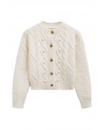 Euphoric – Kurzer Cardigan aus Waffelstrick mit Pom-Pom-Muster in Elfenbein