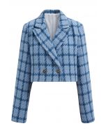 Kurzer Blazer aus kariertem Tweed mit gepolsterten Schultern in Blau