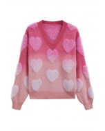 Ombre Fuzzy Heart Fransen Strickpullover in Pink