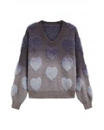 Ombre Fuzzy Heart Fransen Strickpullover in Rauch