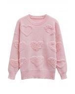 Übergroßer Jacquard-Strickpullover mit Perlenbesatz und Herzen in Rosa