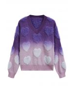 Ombre Fuzzy Heart Fransen Strickpullover in Lila