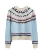 Mehrfarbiger Fair-Isle-Strickpullover in Babyblau