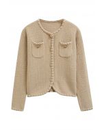 Glänzender, geknöpfter Strick-Cardigan mit Fransenbesatz in Camel