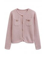 Glänzender Strick-Cardigan mit Fransenbesatz und Knöpfen in Rosa