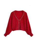 Rhinestone Decor Batwing Sleeve Crop Knit Cardigan