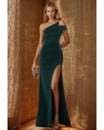 One-Shoulder-Kleid im Meerjungfrau-Stil aus Satin mit hohem Schlitz in Dunkelgrün