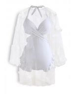 Neckholder gebundener Rüschen-Badeanzug mit Mesh Kimono in Weiß
